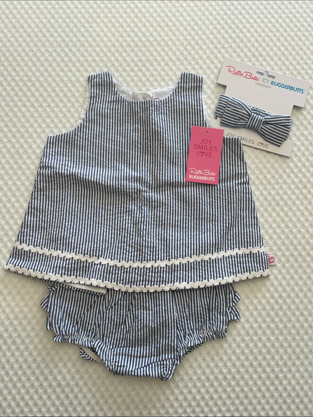 Ruffle Butts Navy & White Striped Dress, Bloomer & Headband Set - 18-24 Months